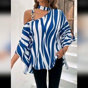 Blue and White Off-Shoulder Women's Top